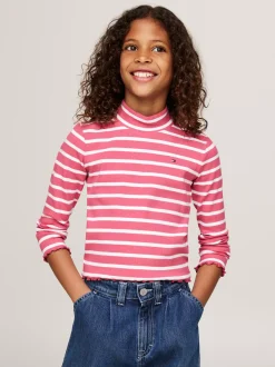 Topy I T-Shirty*Tommy Hilfiger Bardzo Wąski Top Z Półgolfem W Paski HERITAGE PINK STRIPE