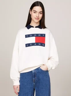 Bluzy Dresowe & Z Kapturem*Tommy Hilfiger Bluza O Kroju Oversize Z Flagą ANCIENT WHITE