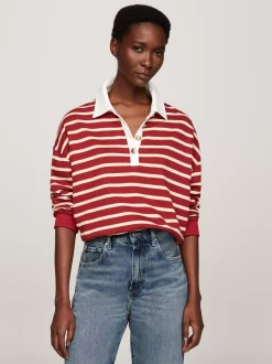 Bluzy Dresowe & Z Kapturem*Tommy Hilfiger Bluza W Paski Z Kołnierzykiem Polo BRETON STP MAGMA/ COUNTRY IVORY