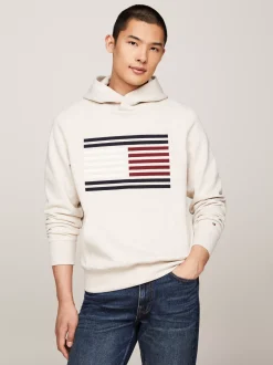 Bluzy Dresowe & Z Kapturem*Tommy Hilfiger Bluza Z Kapturem I Motywem Flagi Hilfiger HEATHERED OATMILK