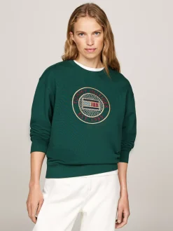 Bluzy Dresowe & Z Kapturem*Tommy Hilfiger Bluza Z Okrągłym Dekoltem I Wyszywanym Logo ORNAMENTAL GREEN