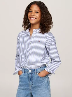 Topy I T-Shirty*Tommy Hilfiger Bluzka Z Kołnierzykiem Z Falbanką MID BLUE / OPTIC WHITE