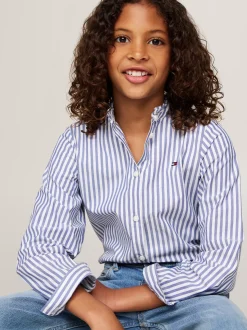 Topy I T-Shirty*Tommy Hilfiger Bluzka Z Kołnierzykiem Z Falbanką MID BLUE / OPTIC WHITE