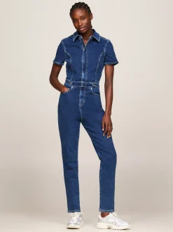 Sukienki*Tommy Hilfiger Denimowy Dopasowany Kombinezon Z Krótkim Rękawem DENIM MEDIUM