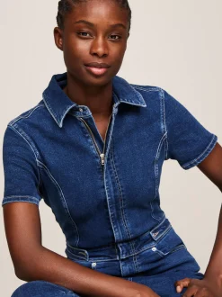 Sukienki*Tommy Hilfiger Denimowy Dopasowany Kombinezon Z Krótkim Rękawem DENIM MEDIUM