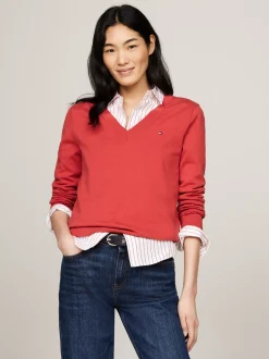 Swetry|Dzianina*Tommy Hilfiger Dżersejowy Sweter Z Dekoltem W Szpic TERRA RED