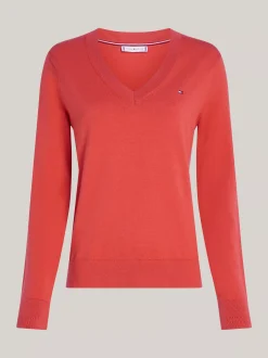 Swetry|Dzianina*Tommy Hilfiger Dżersejowy Sweter Z Dekoltem W Szpic TERRA RED