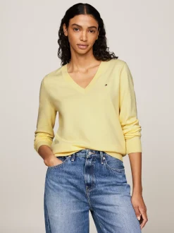 Swetry|Dzianina*Tommy Hilfiger Dżersejowy Sweter Z Dekoltem W Szpic LEMON ZEST