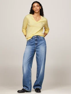 Swetry|Dzianina*Tommy Hilfiger Dżersejowy Sweter Z Dekoltem W Szpic LEMON ZEST