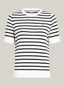 Swetry Z Okrągłym Dekoltem|Swetry*Tommy Hilfiger Dżersejowy Sweter Z Krótkim Rękawem I Flagą IVORY PETAL/ DESERT SKY STP