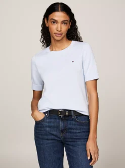 Swetry Z Okrągłym Dekoltem|Swetry*Tommy Hilfiger Dżersejowy Sweter Z Krótkim Rękawem I Flagą BREEZY BLUE