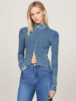 Swetry|Dzianina*Tommy Hilfiger Dwukolorowy Prążkowany Sweter Na Zamek CHASE BLUE