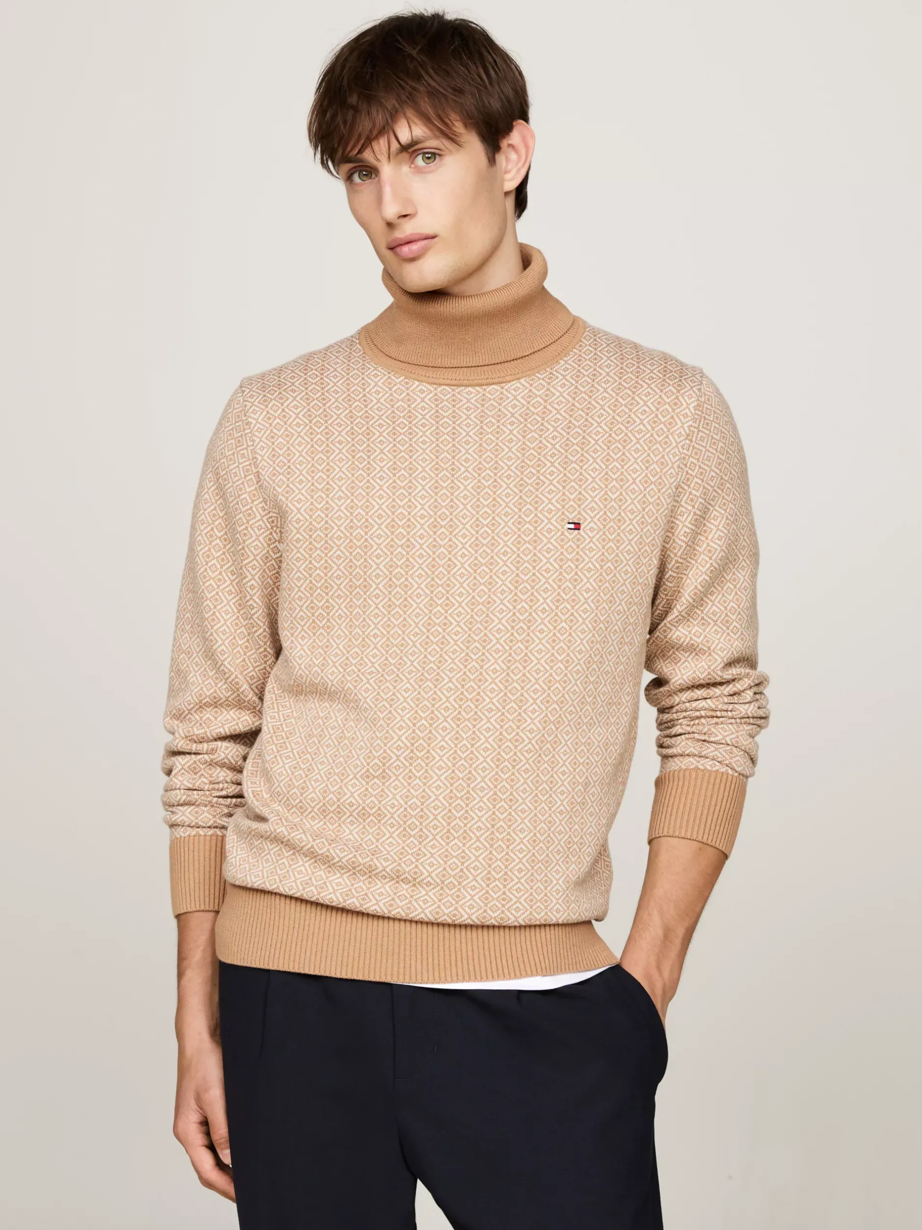 Swetry Z Golfem|Swetry*Tommy Hilfiger Dwukolorowy Sweter Z Golfem SAFARI CANVAS / HEATHERED OATMILK