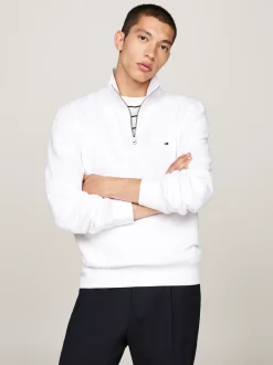 Bluzy Dresowe & Z Kapturem*Tommy Hilfiger Dzianinowa Bluza Z Krótkim Zamkiem WHITE