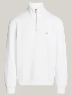 Bluzy Dresowe & Z Kapturem*Tommy Hilfiger Dzianinowa Bluza Z Krótkim Zamkiem WHITE