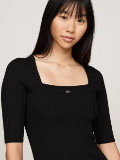 Sukienki*Tommy Hilfiger Dzianinowa Sukienka Z Kwadratowym Dekoltem BLACK