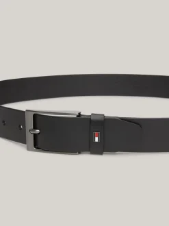 Paski*Tommy Hilfiger Gładki Skórzany Pasek Layton Z Flagą BLACK