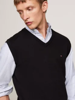 Dzianina*Tommy Hilfiger Kamizelka Z Dekoltem W Szpic I Flagą BLACK