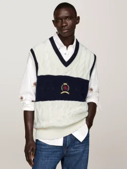 Dzianina*Tommy Hilfiger Kamizelka Ze Splotem Warkoczowym I Emblematem IVORY
