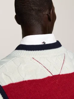 Dzianina*Tommy Hilfiger Kamizelka Ze Splotem Warkoczowym I Emblematem IVORY