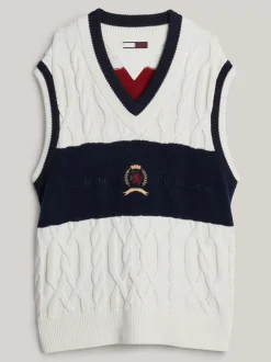 Dzianina*Tommy Hilfiger Kamizelka Ze Splotem Warkoczowym I Emblematem IVORY