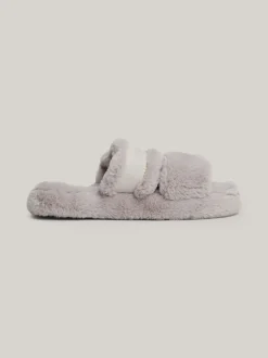 Płaskie Buty*Tommy Hilfiger Kapcie Ze Sztucznego Futerka Z Logo GREY WHISPER