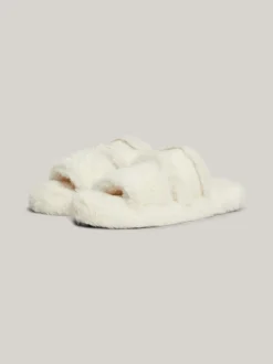 Płaskie Buty*Tommy Hilfiger Kapcie Ze Sztucznego Futerka Z Logo ANCIENT WHITE