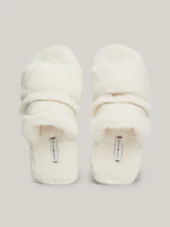 Płaskie Buty*Tommy Hilfiger Kapcie Ze Sztucznego Futerka Z Logo ANCIENT WHITE