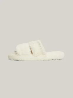 Płaskie Buty*Tommy Hilfiger Kapcie Ze Sztucznego Futerka Z Logo ANCIENT WHITE