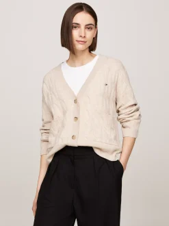 Swetry|Dzianina*Tommy Hilfiger Kardigan Z Czystej Wełny Z Dekoltem W Szpic CLASSIC BEIGE HEATHER