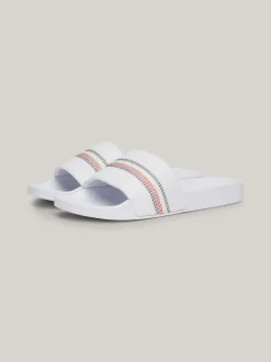 Sandały*Tommy Hilfiger Klapki Na Basen Z Ozdobnym Stębnowaniem WHITE