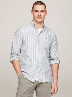 Koszule*Tommy Hilfiger Koszula Heritage Z Bawełny Oxford W Paski ORNAMENTAL GREEN / OPTIC WHITE