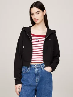 Bluzy Dresowe & Z Kapturem*Tommy Hilfiger Krótka Bluza Z Kapturem Z Tkaniny Ottoman BLACK