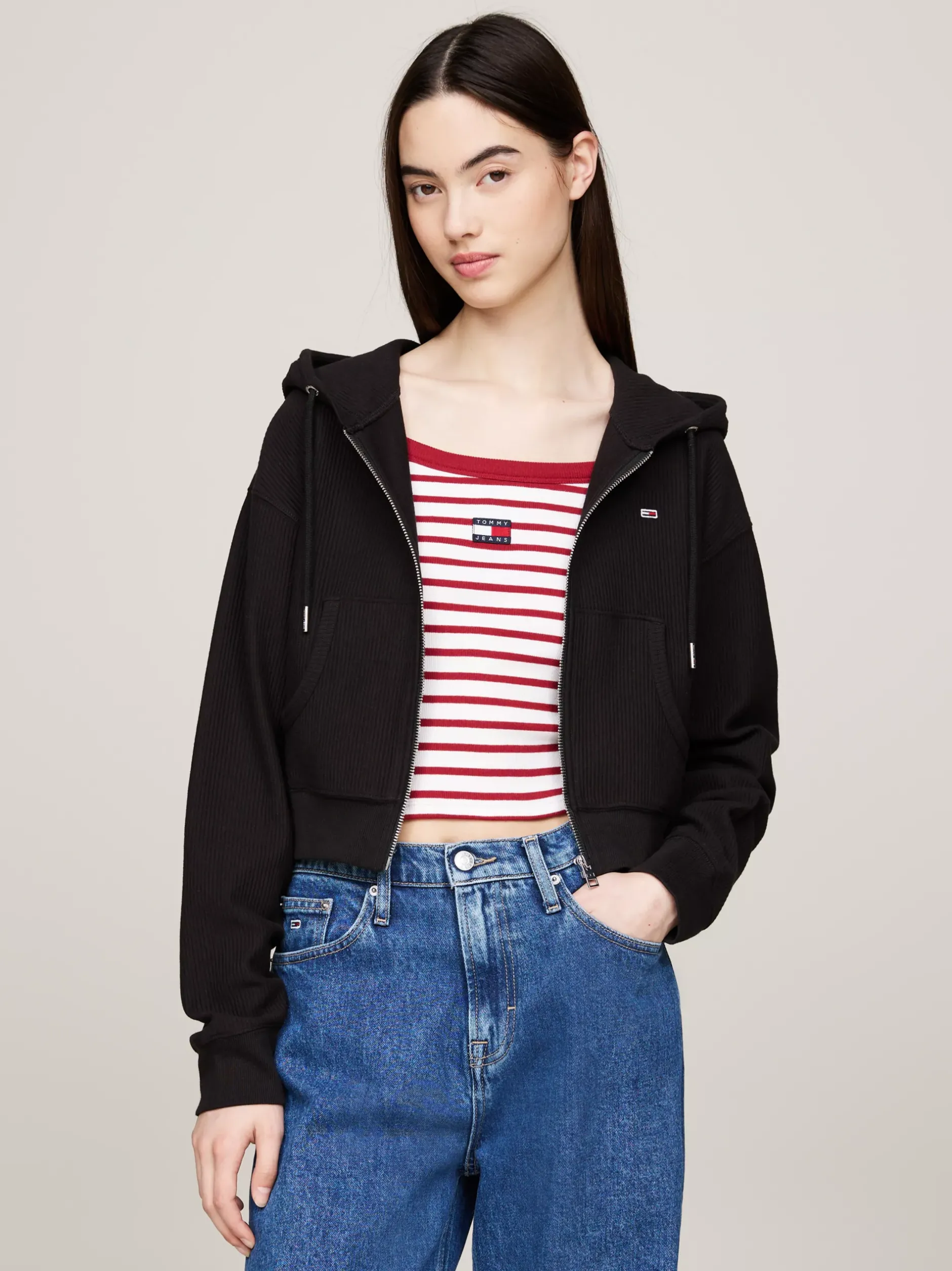 Bluzy Dresowe & Z Kapturem*Tommy Hilfiger Krótka Bluza Z Kapturem Z Tkaniny Ottoman BLACK