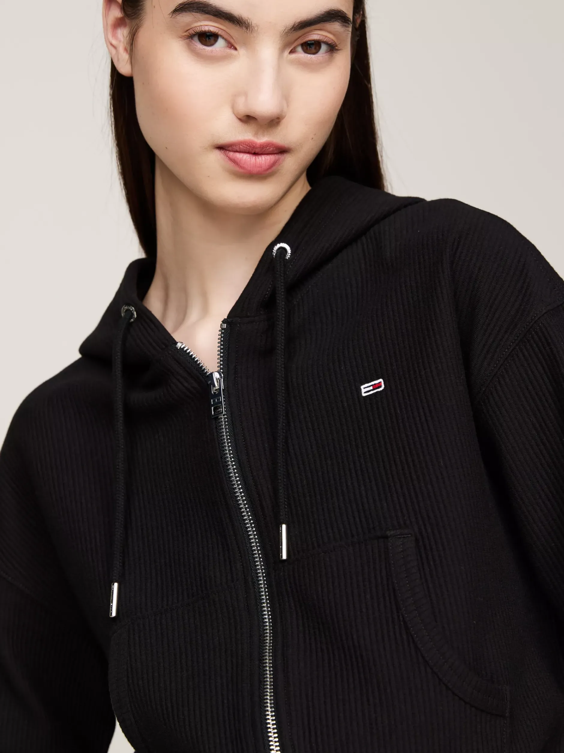 Bluzy Dresowe & Z Kapturem*Tommy Hilfiger Krótka Bluza Z Kapturem Z Tkaniny Ottoman BLACK