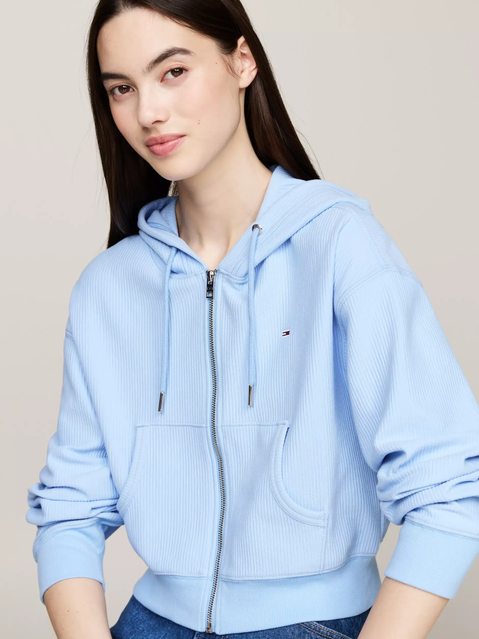 Bluzy Dresowe & Z Kapturem*Tommy Hilfiger Krótka Bluza Z Kapturem Z Tkaniny Ottoman VESSEL BLUE