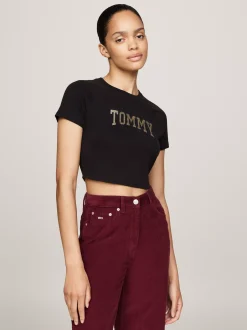 T-Shirty*Tommy Hilfiger Krótki Wąski T-shirt Z Brokatowym Logo BLACK