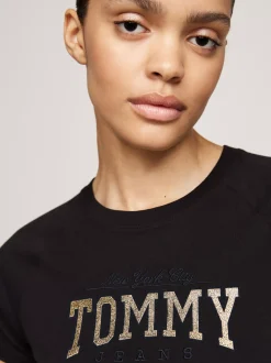 T-Shirty*Tommy Hilfiger Krótki Wąski T-shirt Z Brokatowym Logo BLACK
