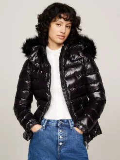 Kurtki & Płaszcze*Tommy Hilfiger Kurtka Puchowa Z Kapturem Ze Sztucznym Futrem BLACK