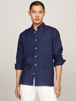 Koszule*Tommy Hilfiger Lniana Koszula O Regularnym Kroju CARBON NAVY