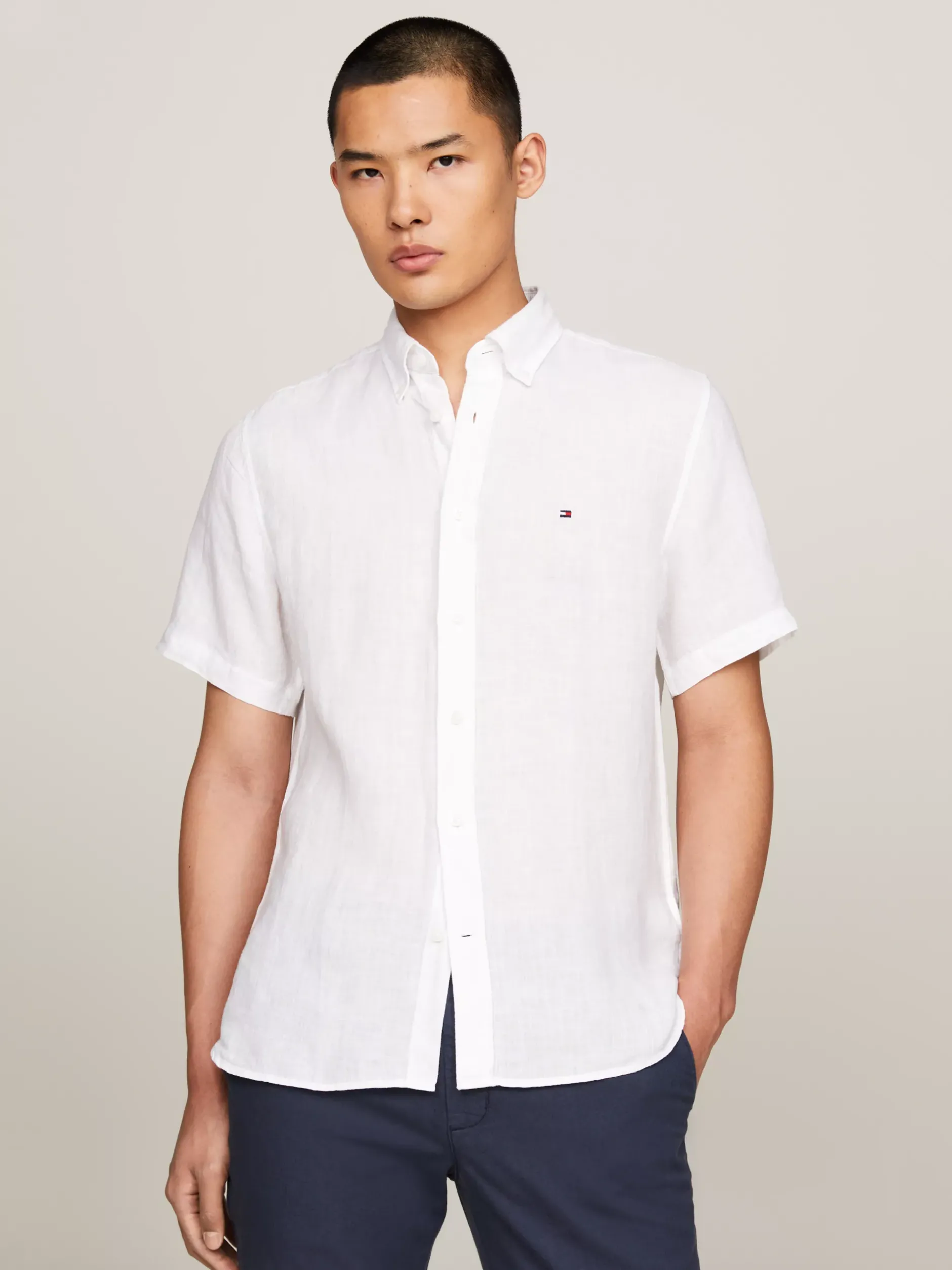 Koszule*Tommy Hilfiger Lniana Koszula Z Krótkim Rękawem OPTIC WHITE