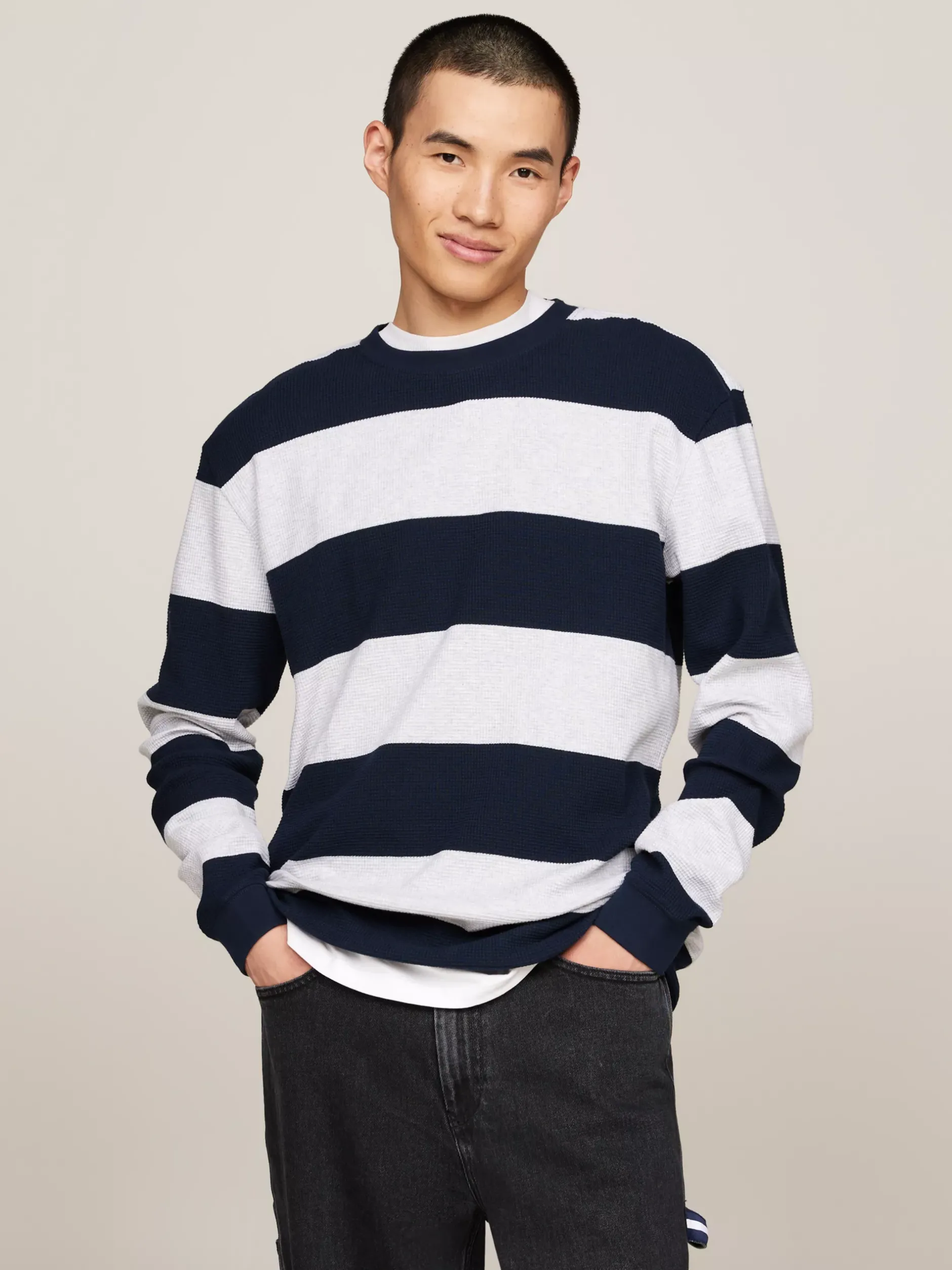 T-Shirty*Tommy Hilfiger Longsleeve O Splocie Waflowym W Paski DARK NIGHT NAVY