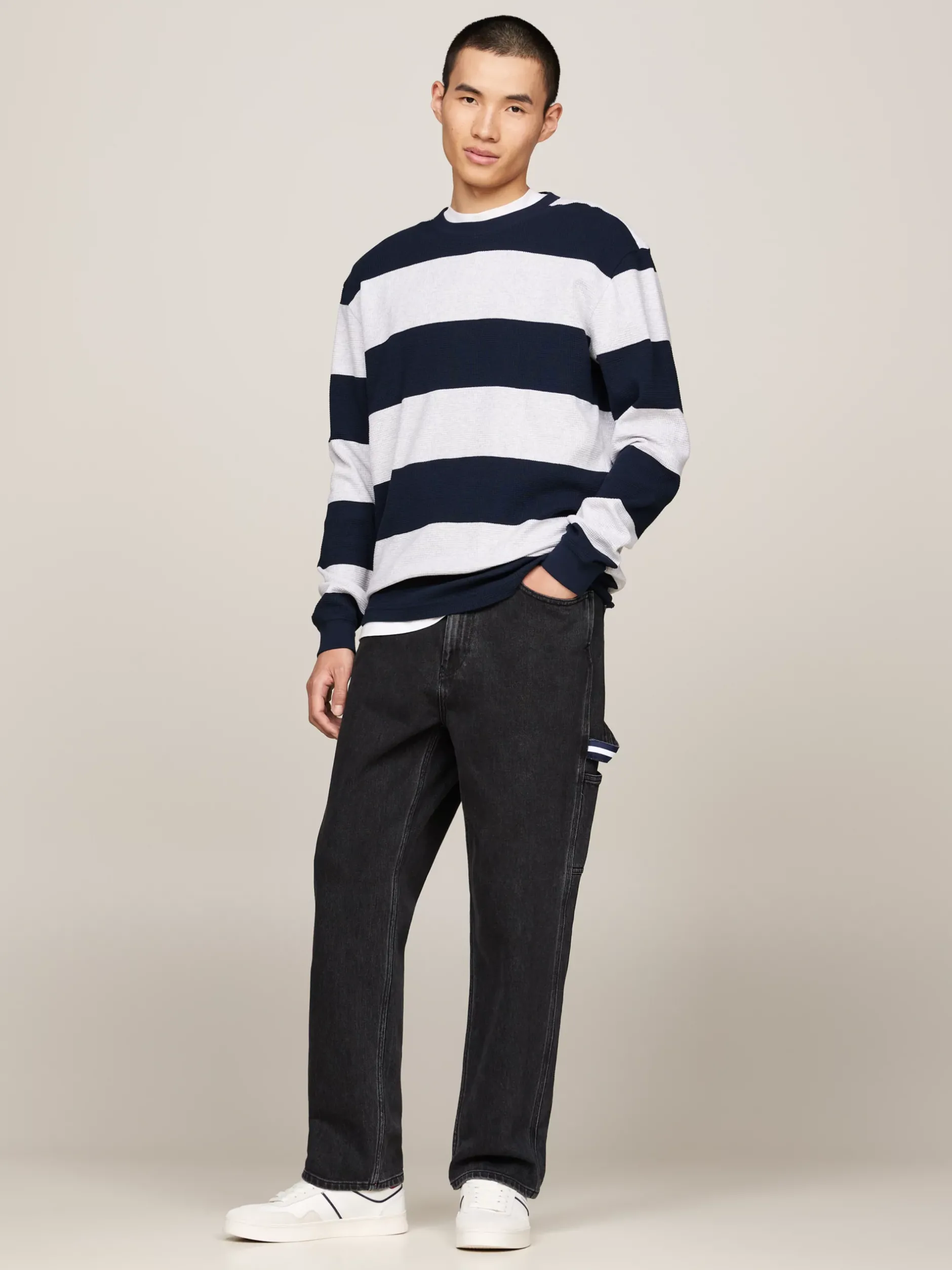 T-Shirty*Tommy Hilfiger Longsleeve O Splocie Waflowym W Paski DARK NIGHT NAVY