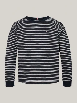 T-Shirty I Koszulki Polo*Tommy Hilfiger Longsleeve O Waflowym Splocie BLUE BASE WHITE STRIPES