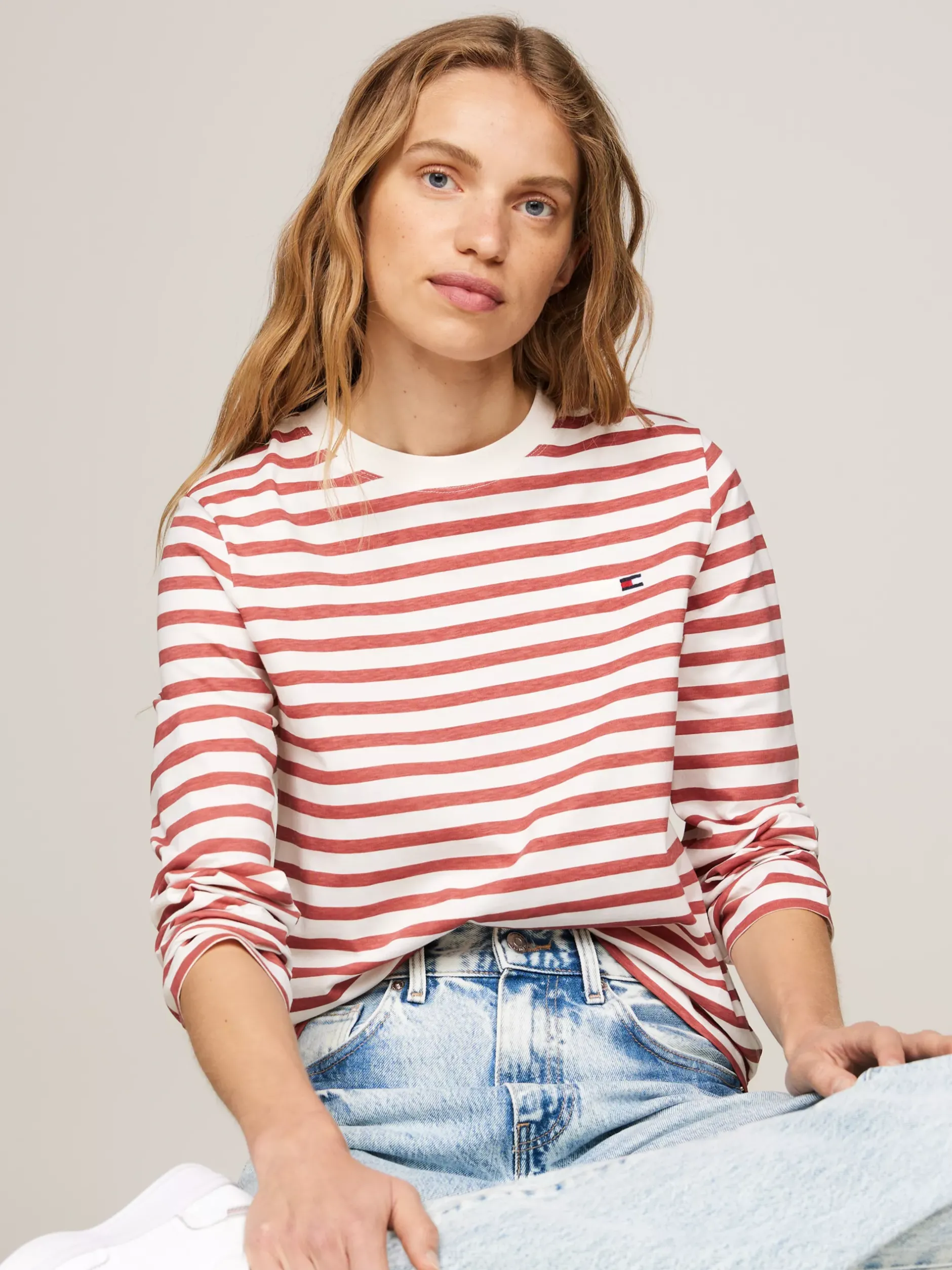 T-Shirty*Tommy Hilfiger Longsleeve W Paski REG STP ANCIENT WHITE/ TERRA RED