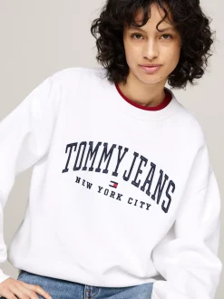 Bluzy Dresowe & Z Kapturem*Tommy Hilfiger Luźna Bluza Z Okrągłym Dekoltem W Stylu Varsity WHITE