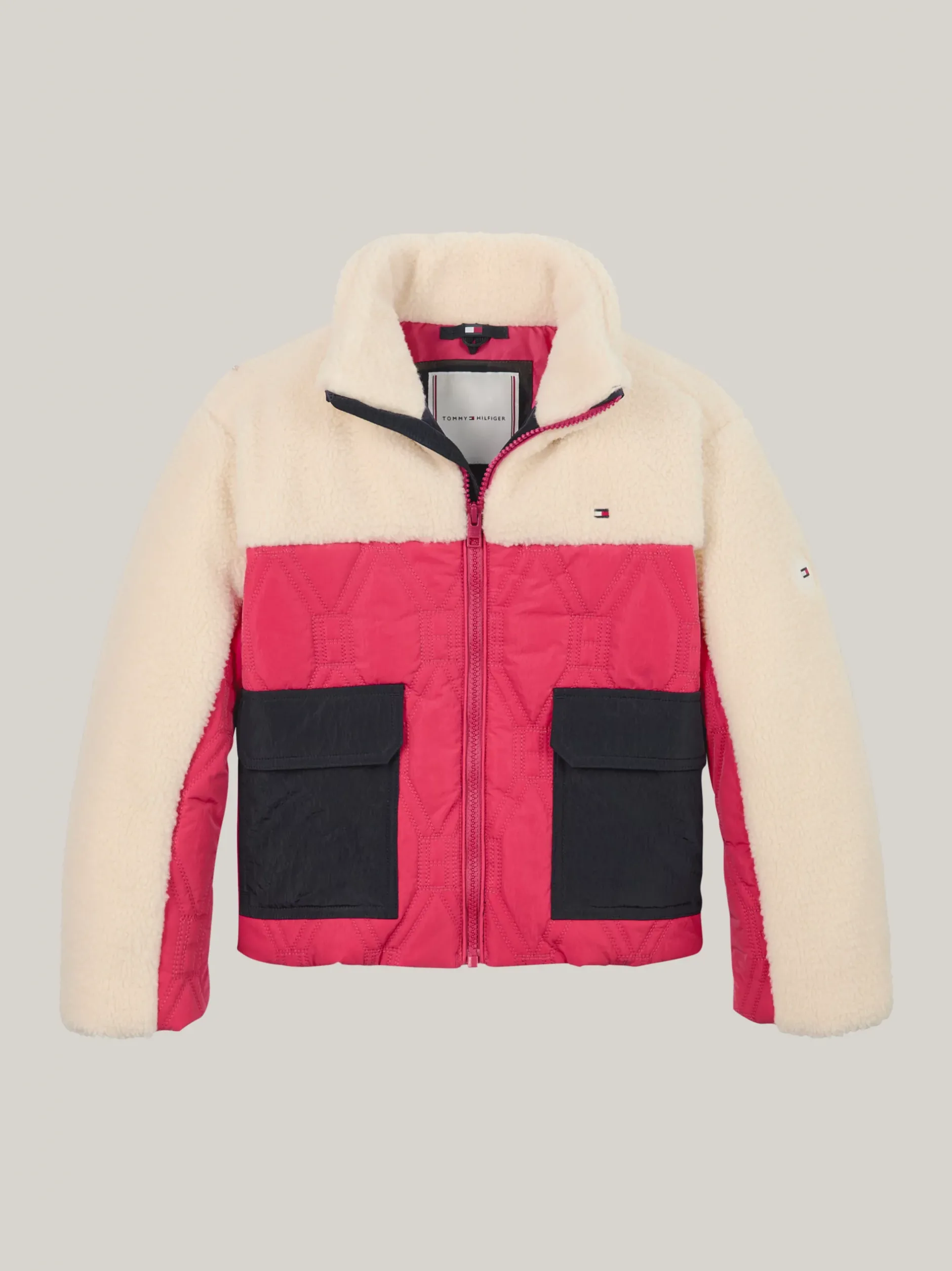 Kurtki I Płaszcze*Tommy Hilfiger Luźna Kurtka Puchowa O Mieszanej Teksturze DEEP ROUGE / WHITE COLORBLOCK