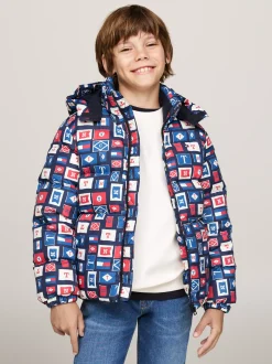 Kurtki*Tommy Hilfiger Luźna Puchowa Kurtka Z Kapturem BLUE BASE FLAGS ALLOVER