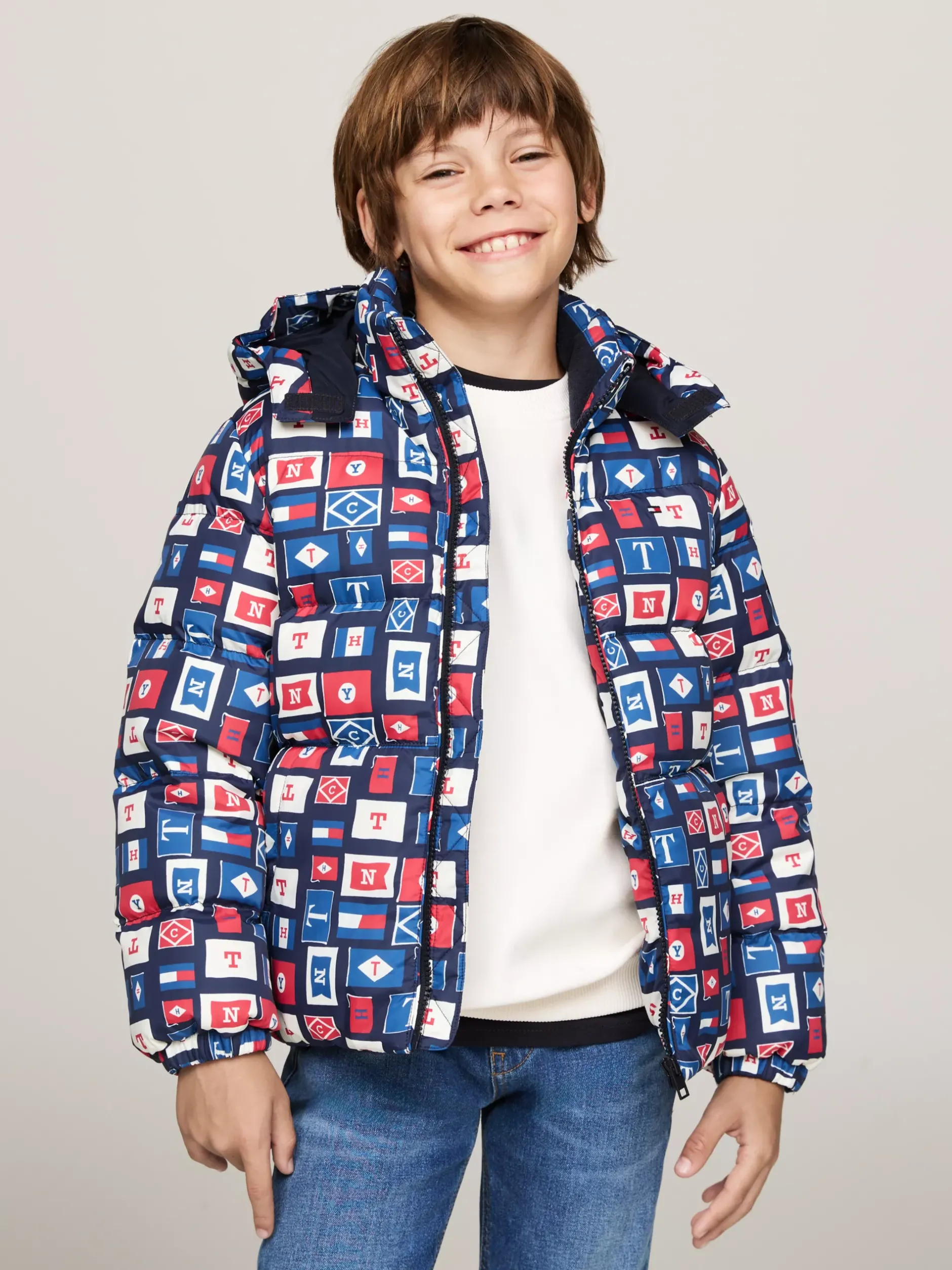 Kurtki*Tommy Hilfiger Luźna Puchowa Kurtka Z Kapturem BLUE BASE FLAGS ALLOVER
