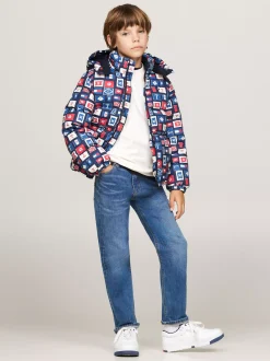 Kurtki*Tommy Hilfiger Luźna Puchowa Kurtka Z Kapturem BLUE BASE FLAGS ALLOVER